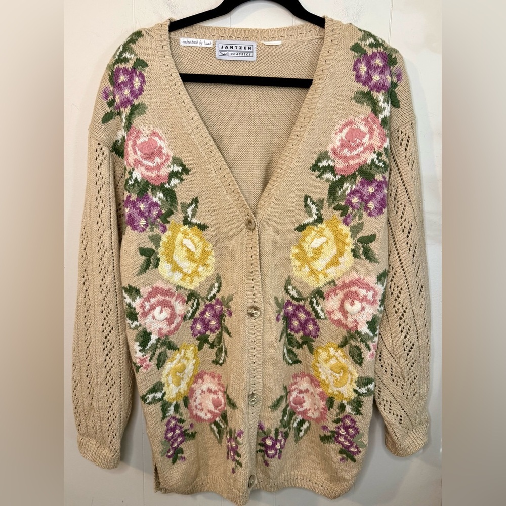 Jantzen Vintage Floral Beige Floral Hand Embroidered Cardigan Sweater, XL